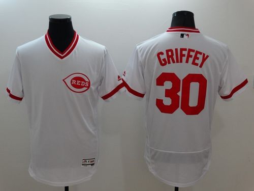 Reds #30 Ken Griffey White Flexbase Authentic Collection Cooperstown Stitched MLB Jersey - Click Image to Close